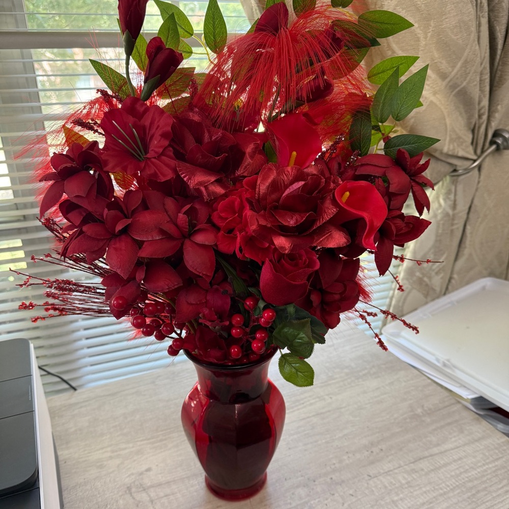 SOLD 

Hand Crafted Red and Green Faux Floral Arrangement